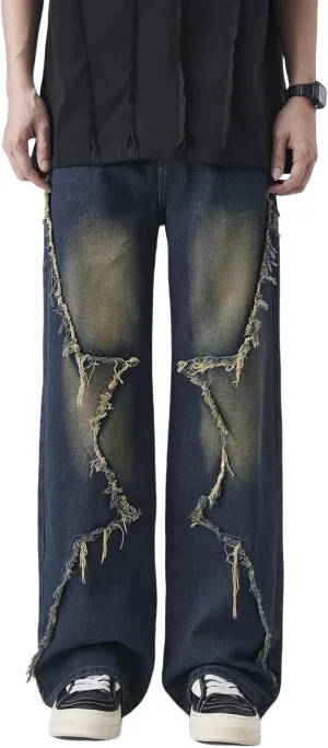 Men's Baggy Jeans Y2K Vintage Distressed Ripped Wide Leg Denim Pants Hip Hop Casual Loose Fit Streetwear Trousers
