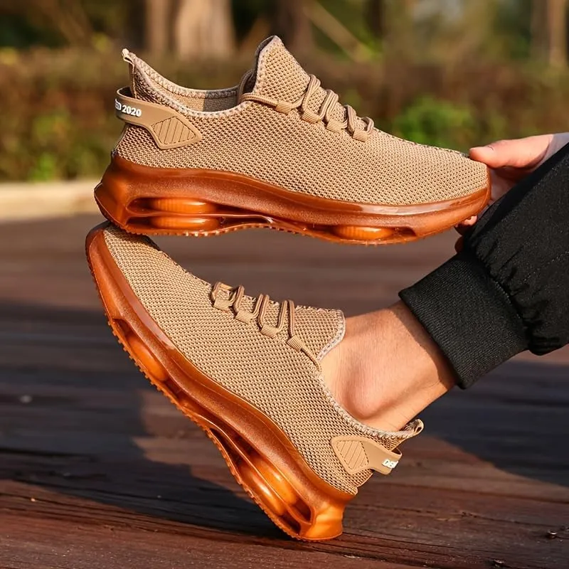 Men's Breathable Knit Sneakers - Casual Lace-Up Running Shoes with Air Cushion, Non-Slip PVC Sole, Fabric Upper, Inner & Insole, Faux Outsole, Solid Color, All-Season