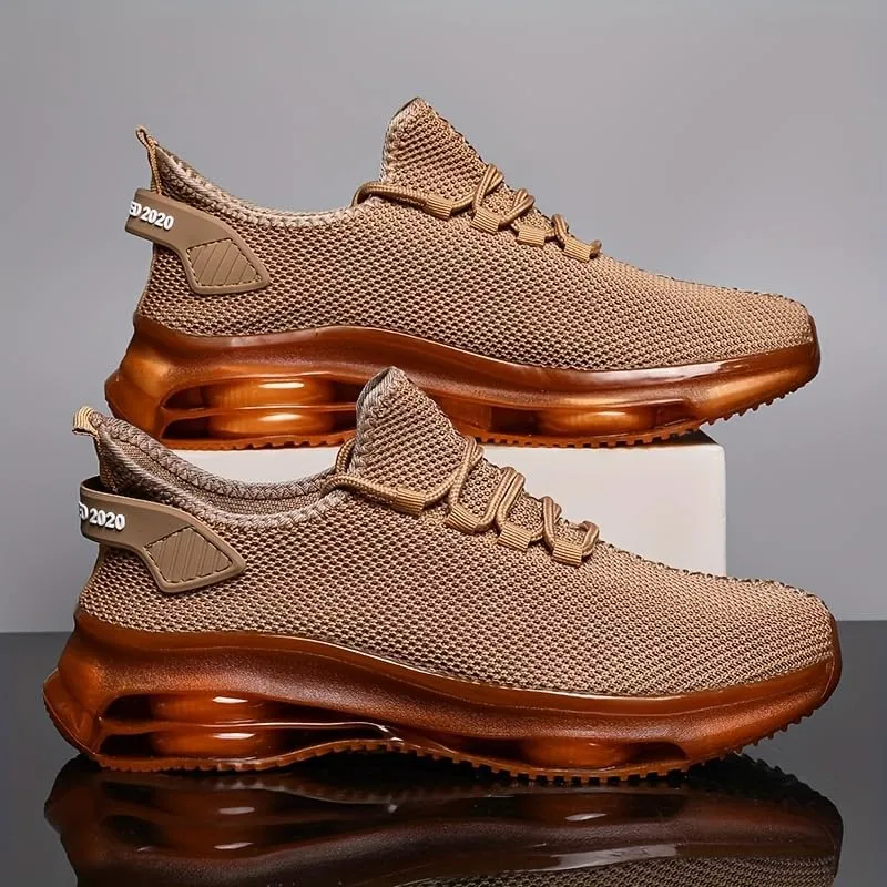 Men's Breathable Knit Sneakers - Casual Lace-Up Running Shoes with Air Cushion, Non-Slip PVC Sole, Fabric Upper, Inner & Insole, Faux Outsole, Solid Color, All-Season