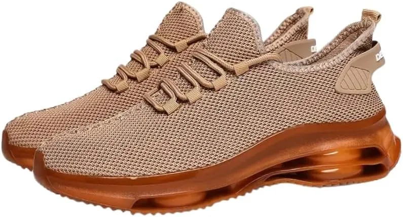 Men's Breathable Knit Sneakers - Casual Lace-Up Running Shoes with Air Cushion, Non-Slip PVC Sole, Fabric Upper, Inner & Insole, Faux Outsole, Solid Color, All-Season