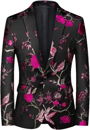 Men’S Embroidered Single Button Long Sleeve Regular Length Wedding Party Dress Coat Fashionable Slim Blazer