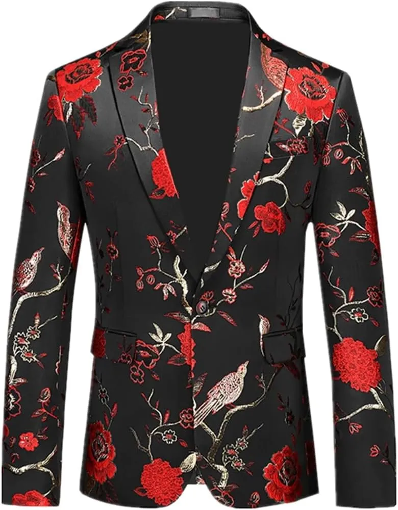 Men’S Embroidered Single Button Long Sleeve Regular Length Wedding Party Dress Coat Fashionable Slim Blazer
