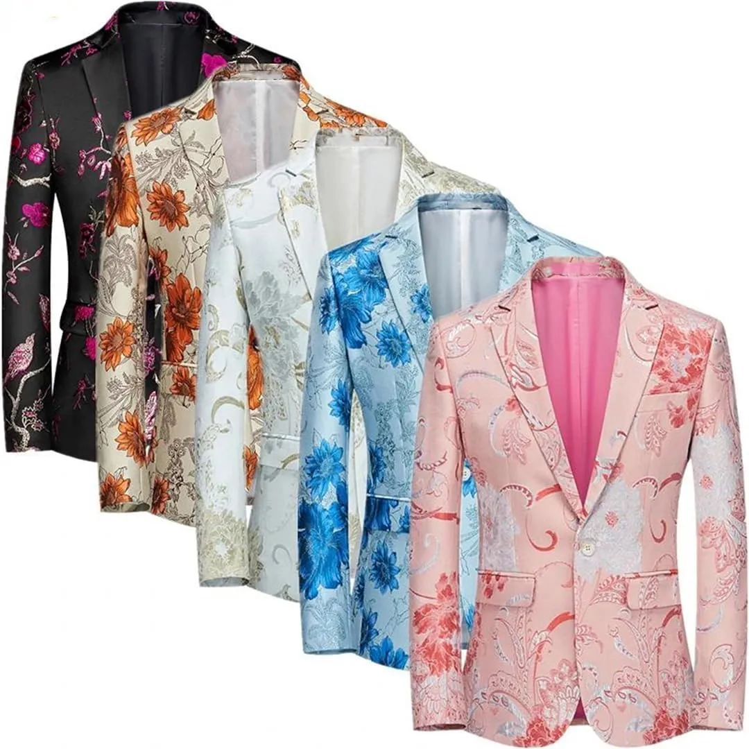 Men’S Embroidered Single Button Long Sleeve Regular Length Wedding Party Dress Coat Fashionable Slim Blazer
