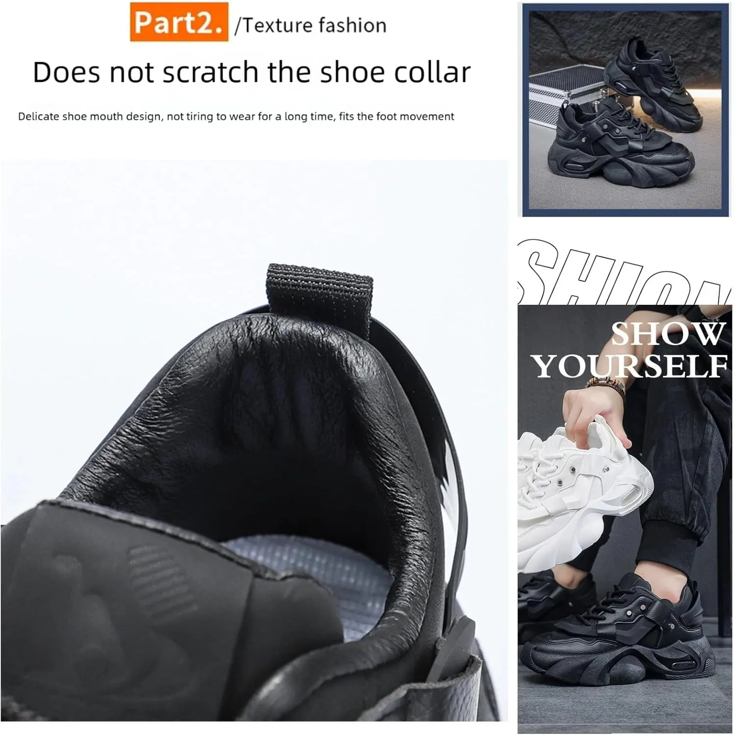 Men's Lace-Up Leather Fashion Sneakers - Platform Thick Sole Dad Shoes with Rivet Detailing Cushioned Comfort High-Top Casual Shoes for Everyday Wear & Outdoor Walking