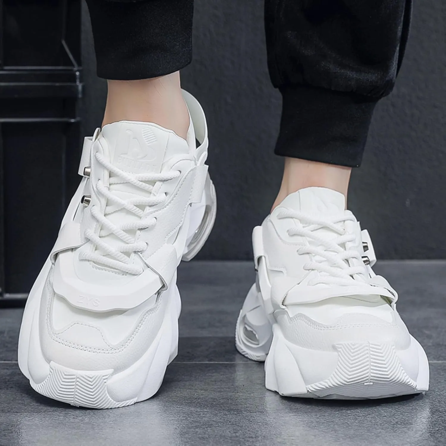 Men's Lace-Up Leather Fashion Sneakers - Platform Thick Sole Dad Shoes with Rivet Detailing Cushioned Comfort High-Top Casual Shoes for Everyday Wear & Outdoor Walking