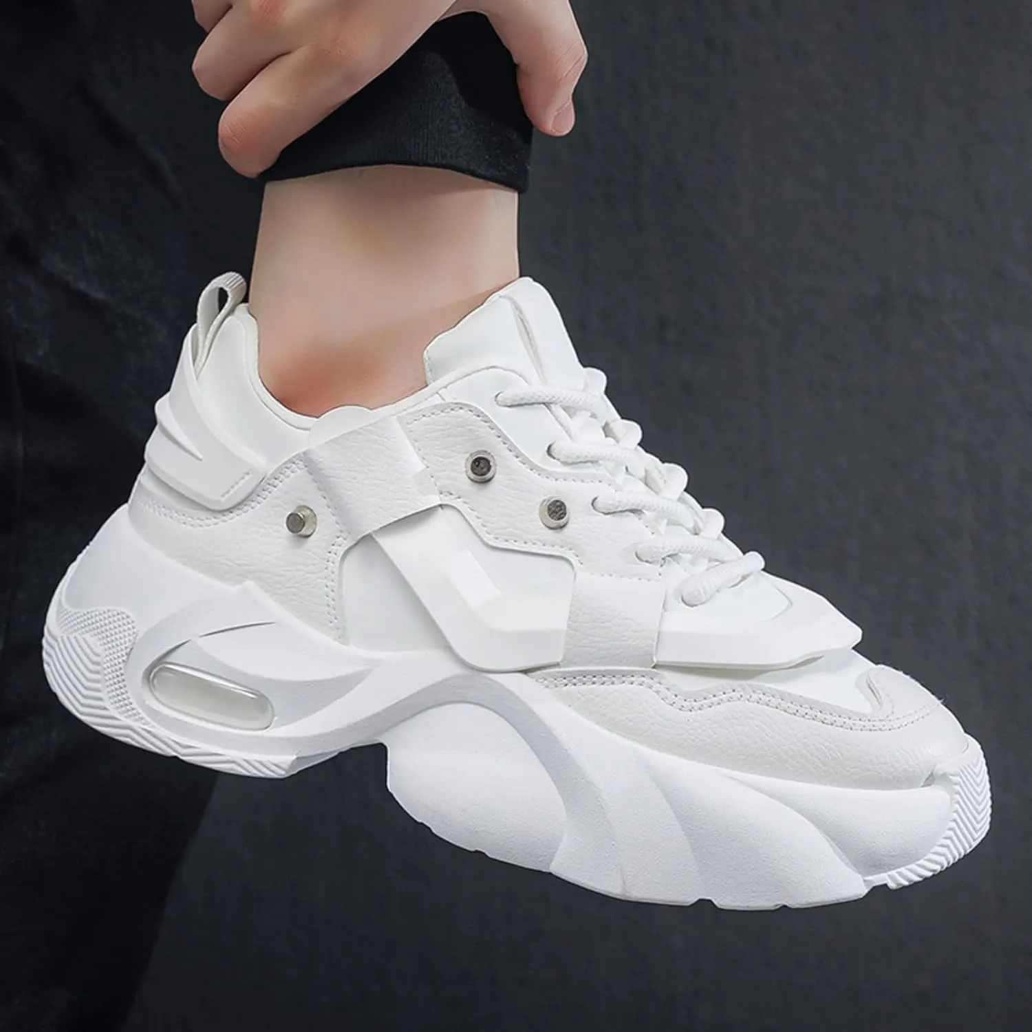 Men's Lace-Up Leather Fashion Sneakers - Platform Thick Sole Dad Shoes with Rivet Detailing Cushioned Comfort High-Top Casual Shoes for Everyday Wear & Outdoor Walking