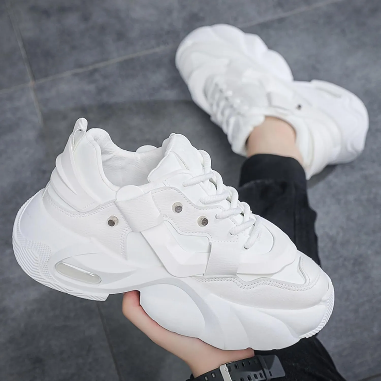 Men's Lace-Up Leather Fashion Sneakers - Platform Thick Sole Dad Shoes with Rivet Detailing Cushioned Comfort High-Top Casual Shoes for Everyday Wear & Outdoor Walking