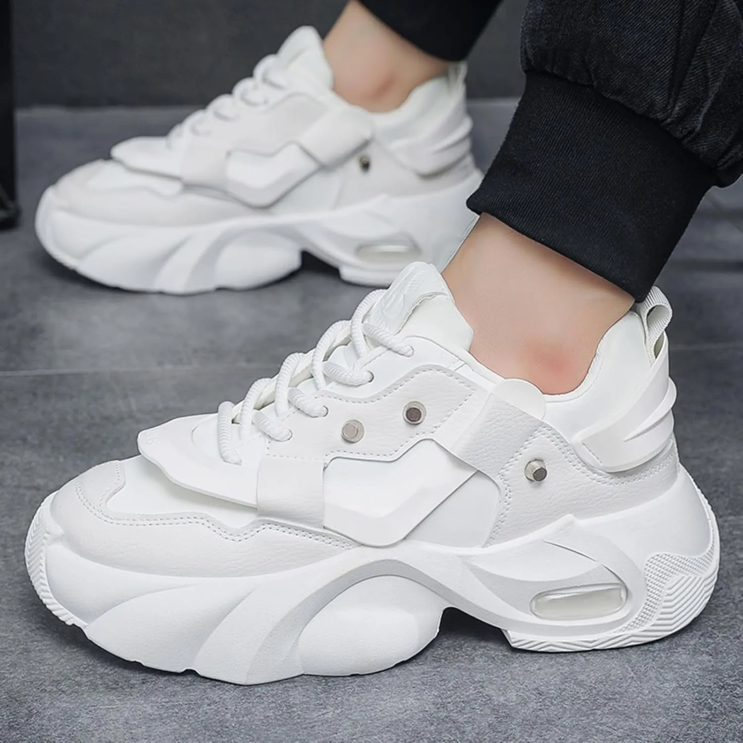 Men's Lace-Up Leather Fashion Sneakers - Platform Thick Sole Dad Shoes with Rivet Detailing Cushioned Comfort High-Top Casual Shoes for Everyday Wear & Outdoor Walking