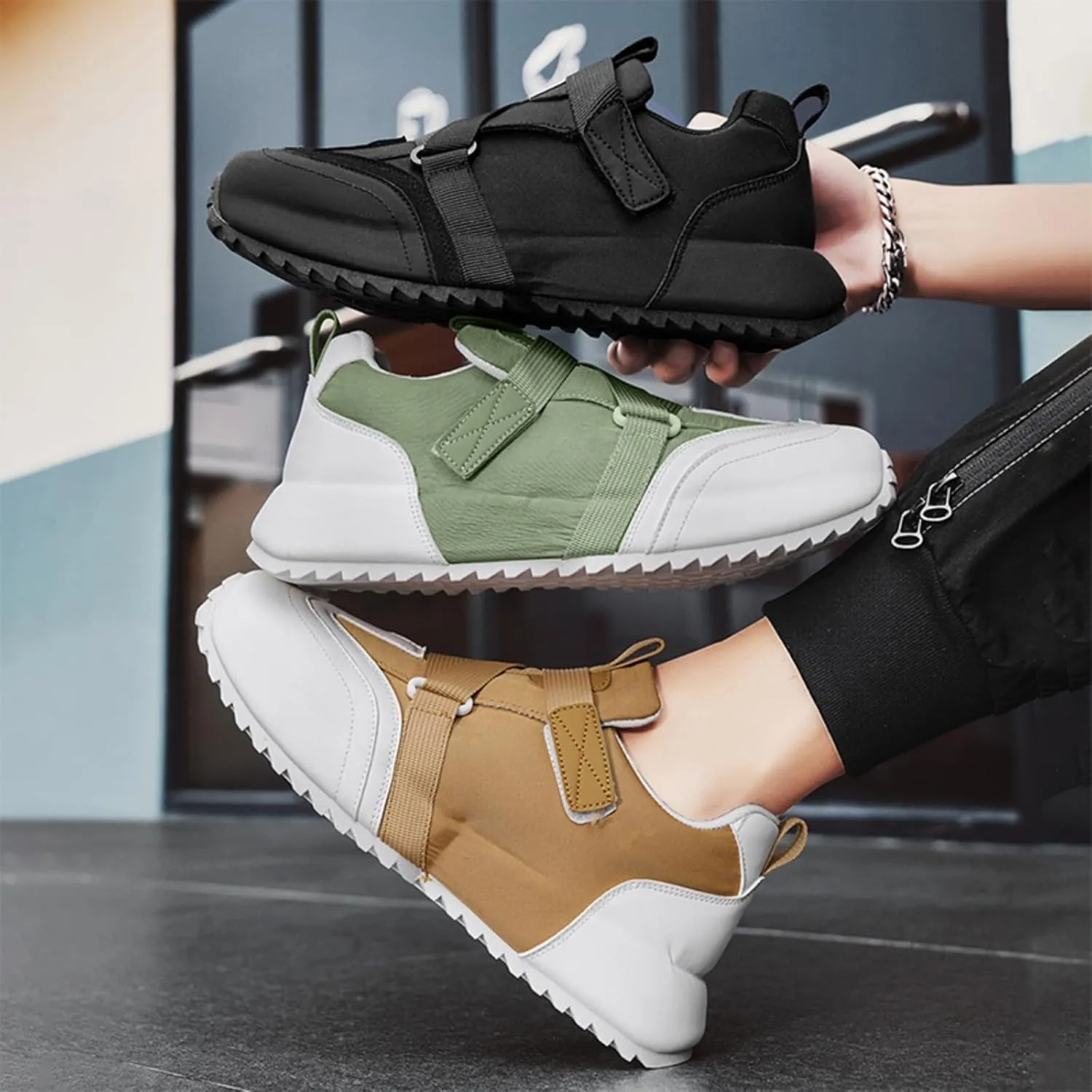 Men's Lightweight Outdoor Platform Sneakers with Thick Sole & Breathable Mesh Adjustable Closure for Walking Jogging Camping All-Season Slip-On Shoes