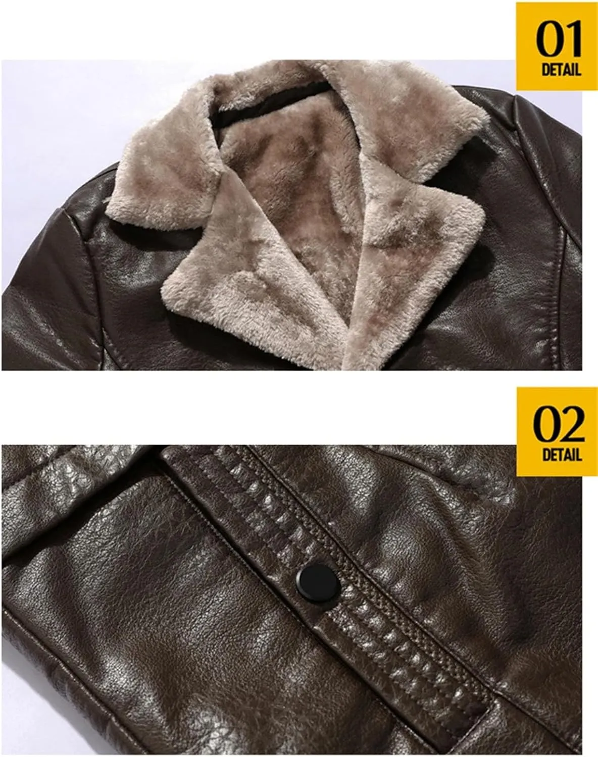 Mens Long Thick Fleece PU Leather Jacket Winter Fashion Suit Collar Windbreaker Zipper Leather Coats