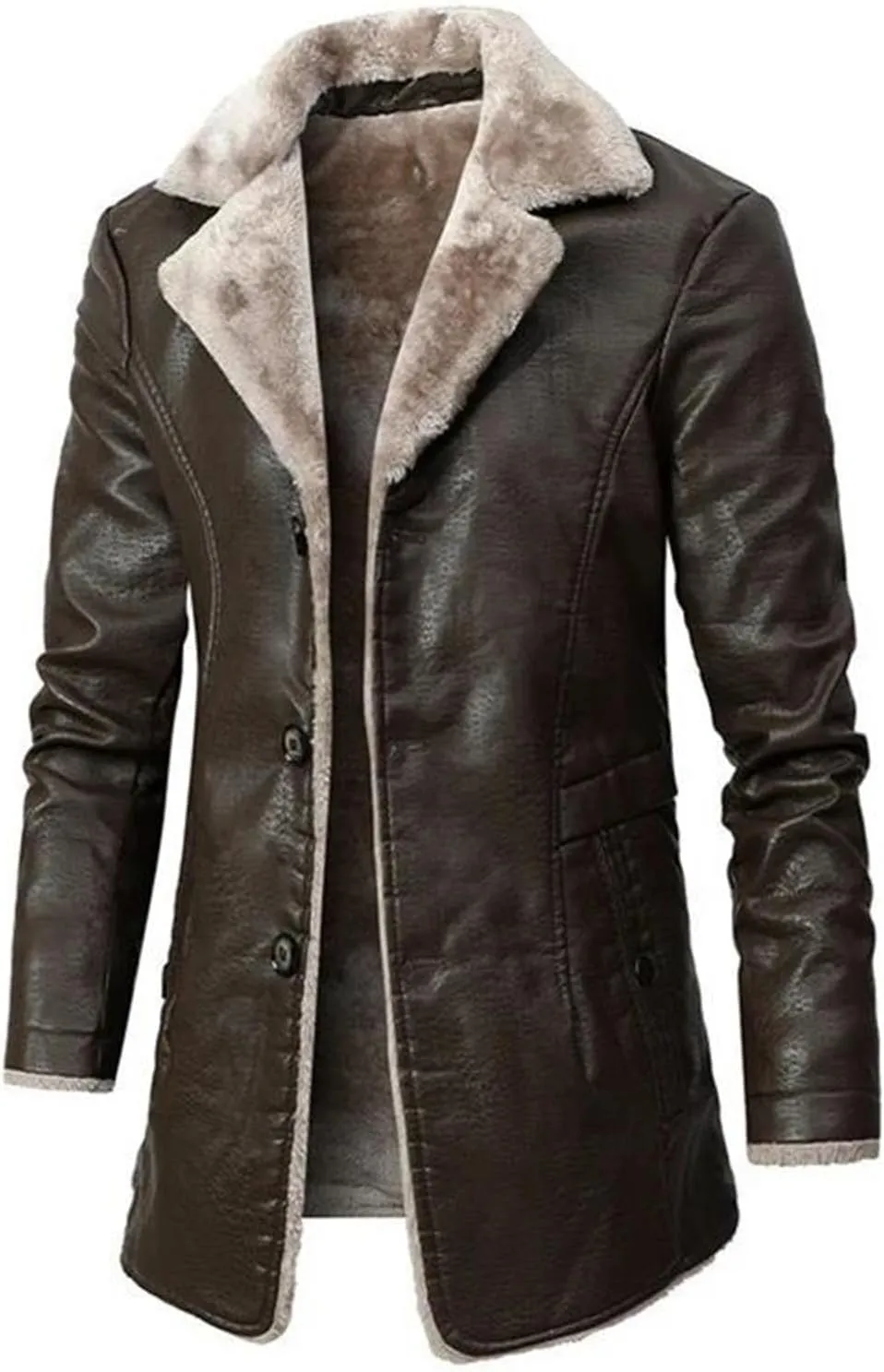 Mens Long Thick Fleece PU Leather Jacket Winter Fashion Suit Collar Windbreaker Zipper Leather Coats