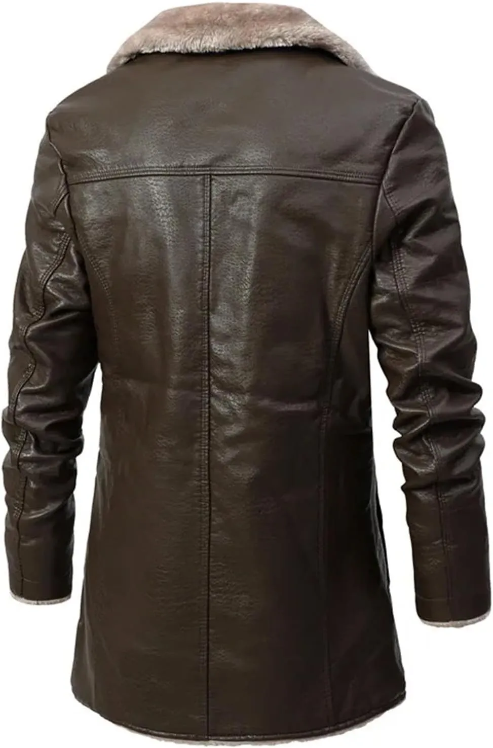 Mens Long Thick Fleece PU Leather Jacket Winter Fashion Suit Collar Windbreaker Zipper Leather Coats