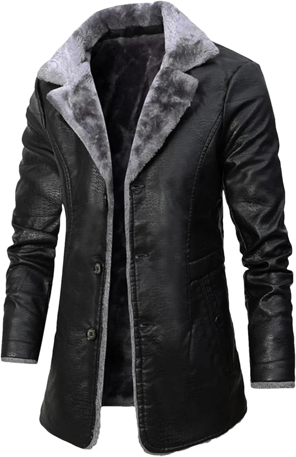 Mens Long Thick Fleece PU Leather Jacket Winter Fashion Suit Collar Windbreaker Zipper Leather Coats