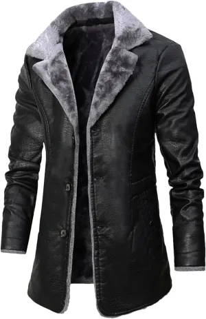 Mens Long Thick Fleece PU Leather Jacket Winter Fashion Suit Collar Windbreaker Zipper Leather Coats