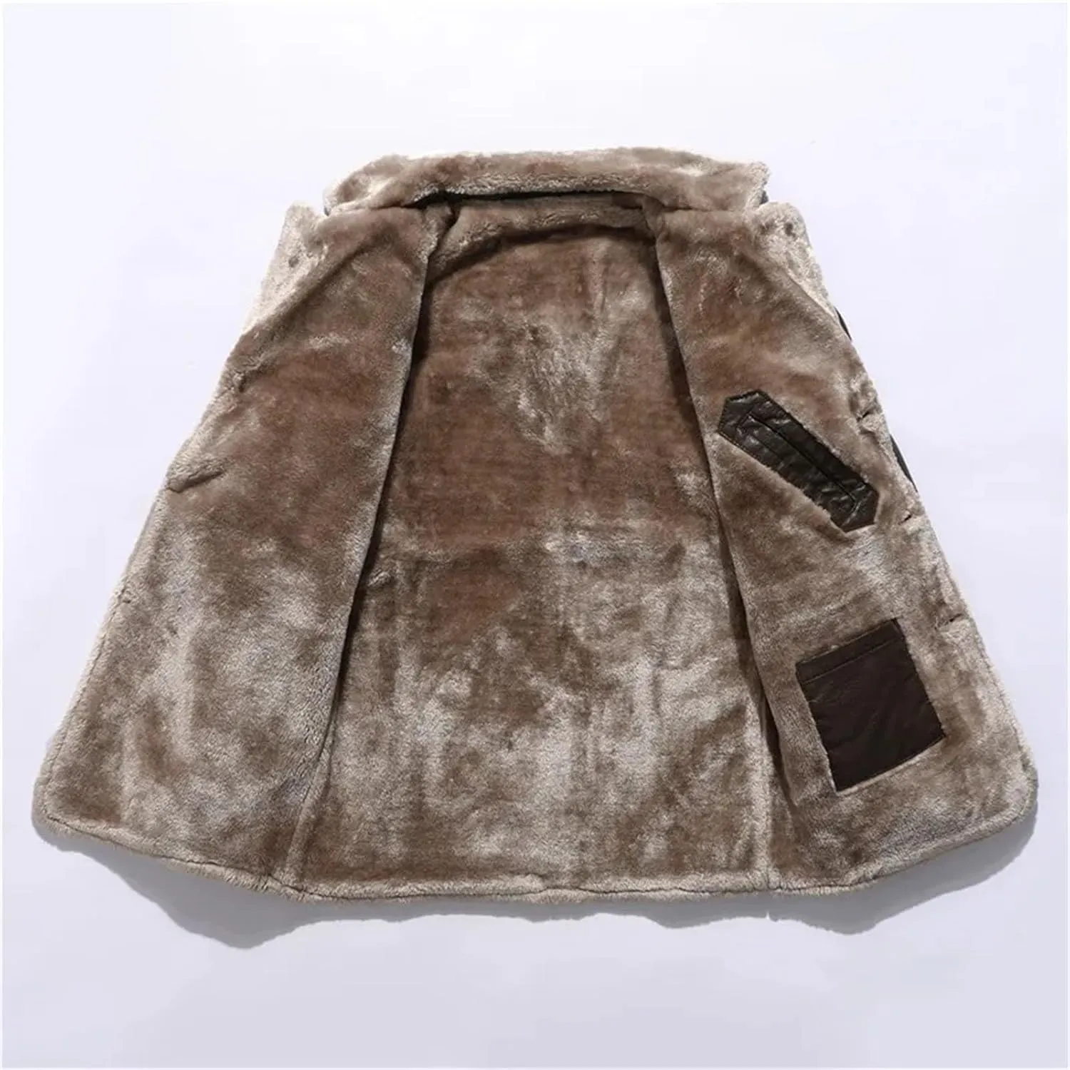 Mens Long Thick Fleece PU Leather Jacket Winter Fashion Suit Collar Windbreaker Zipper Leather Coats