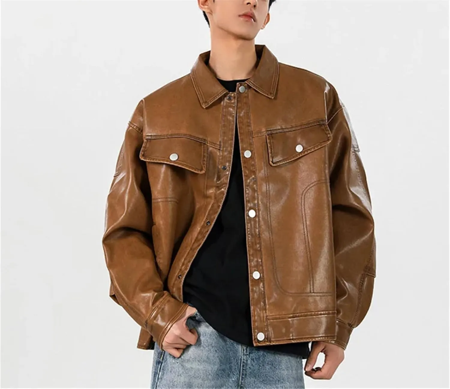 Men's Loose PU Leather Jackets Turn-Down Collar Solid Color Single Breasted Short Coat Streetwear
