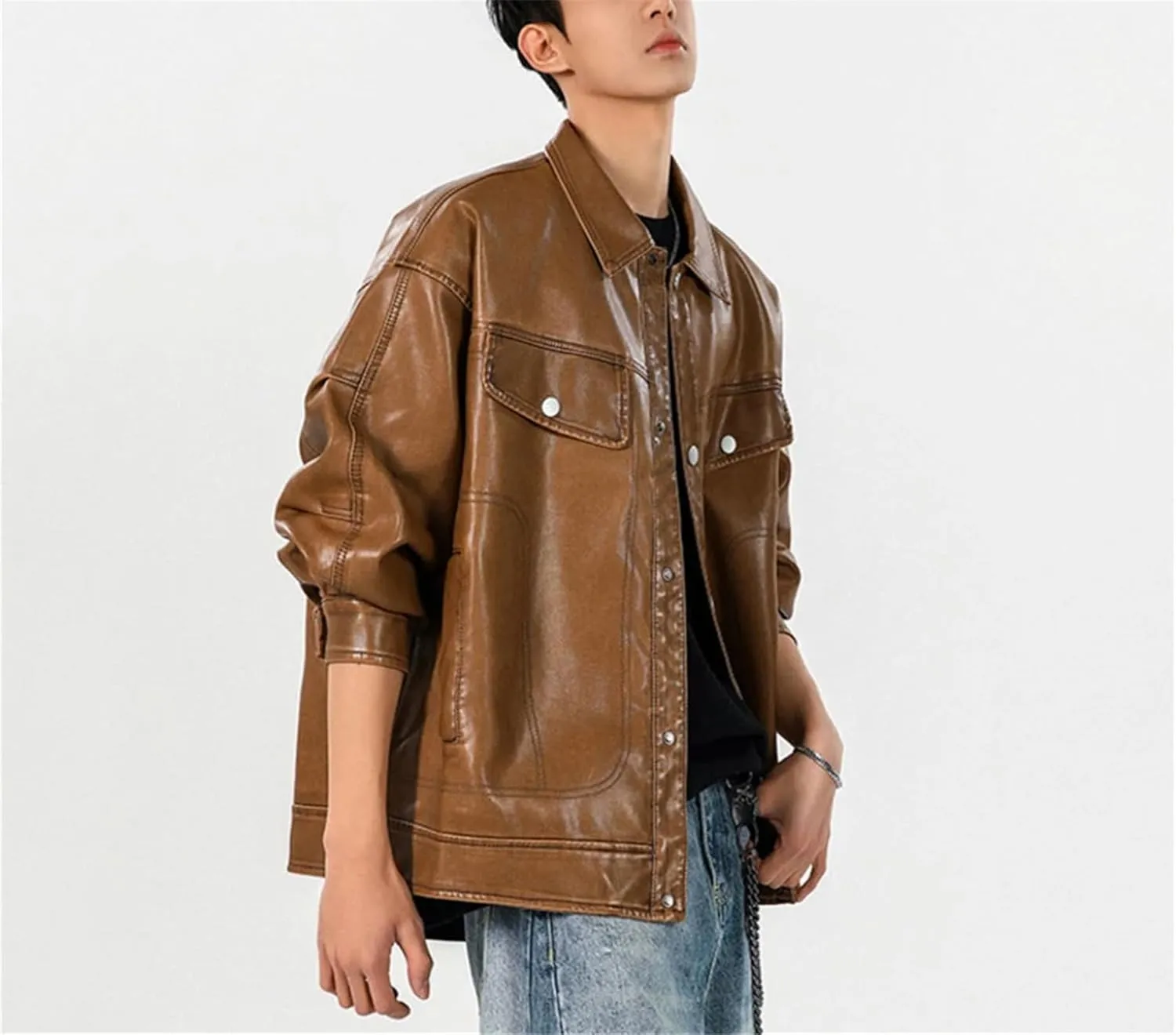 Men's Loose PU Leather Jackets Turn-Down Collar Solid Color Single Breasted Short Coat Streetwear