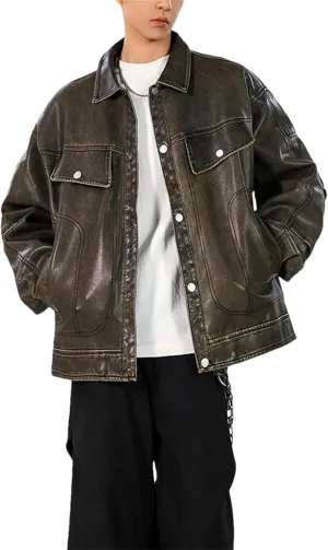 Men's Loose PU Leather Jackets Turn-Down Collar Solid Color Single Breasted Short Coat Streetwear