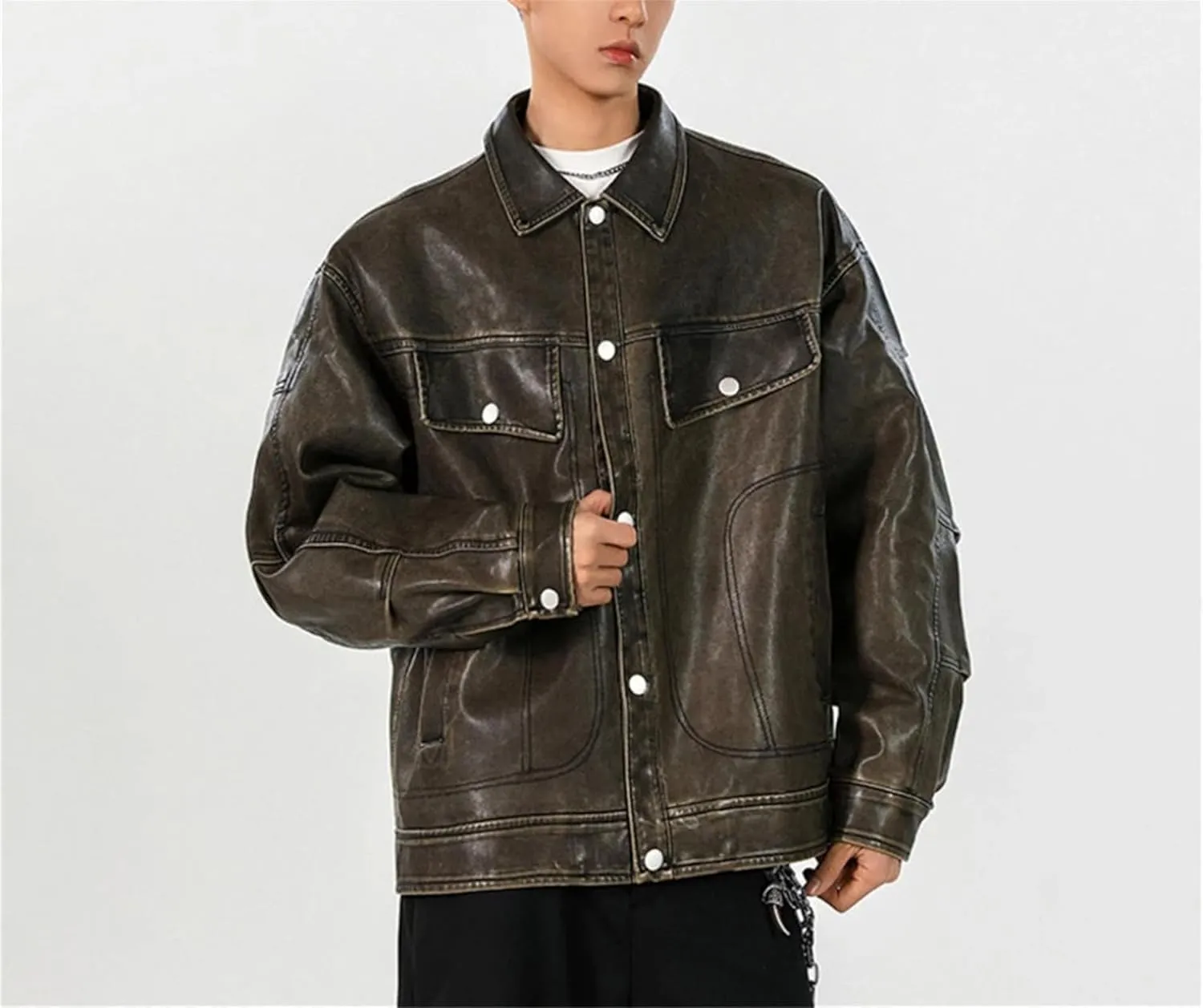 Men's Loose PU Leather Jackets Turn-Down Collar Solid Color Single Breasted Short Coat Streetwear