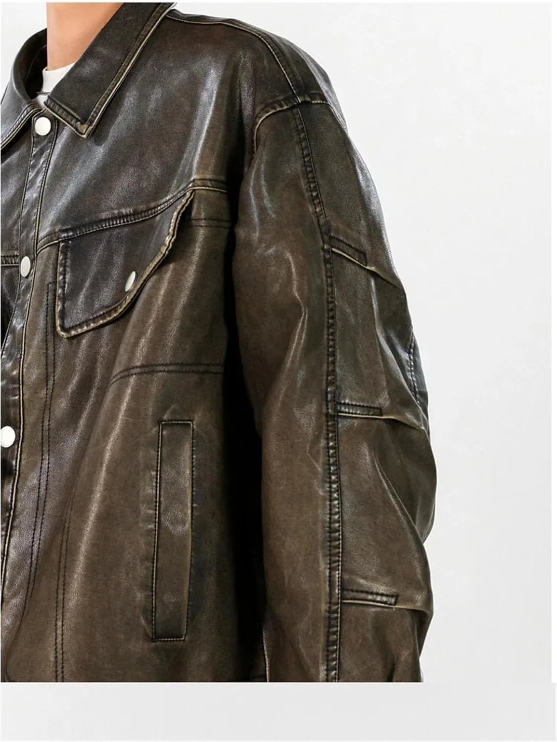 Men's Loose PU Leather Jackets Turn-Down Collar Solid Color Single Breasted Short Coat Streetwear