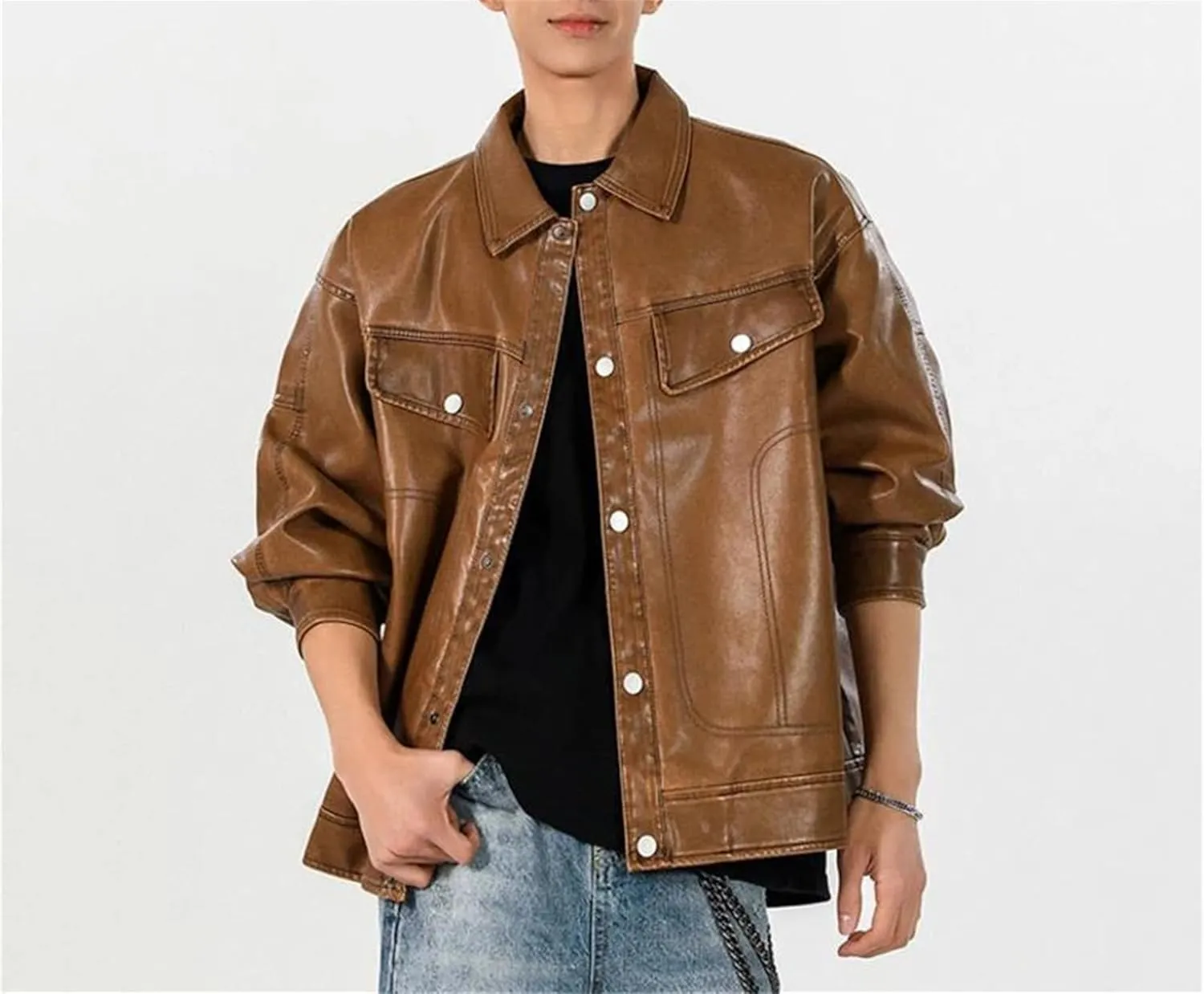 Men's Loose PU Leather Jackets Turn-Down Collar Solid Color Single Breasted Short Coat Streetwear