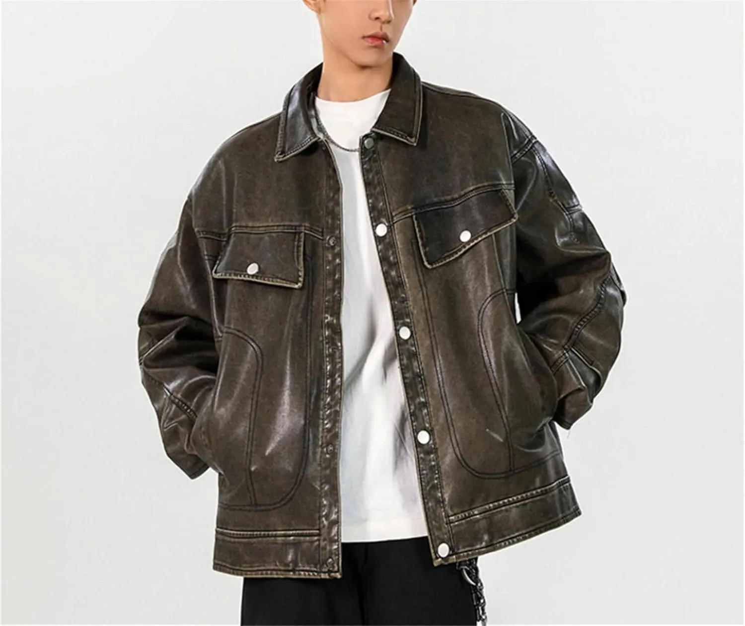 Men's Loose PU Leather Jackets Turn-Down Collar Solid Color Single Breasted Short Coat Streetwear