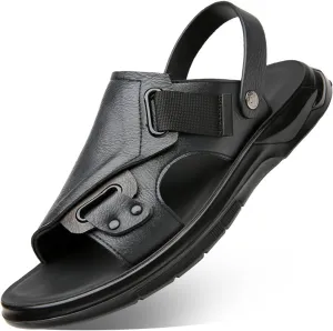 Men'S Pu Leather Flat Sandals With Adjustable Dual-Use Ankle Straps Comfortable Breathable Open-Toe Slip-On Sandals, Soft Casual Sliding Slippers