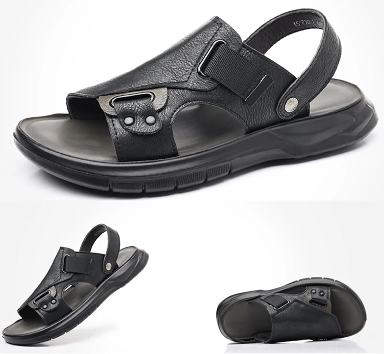 Men'S Pu Leather Flat Sandals With Adjustable Dual-Use Ankle Straps Comfortable Breathable Open-Toe Slip-On Sandals, Soft Casual Sliding Slippers
