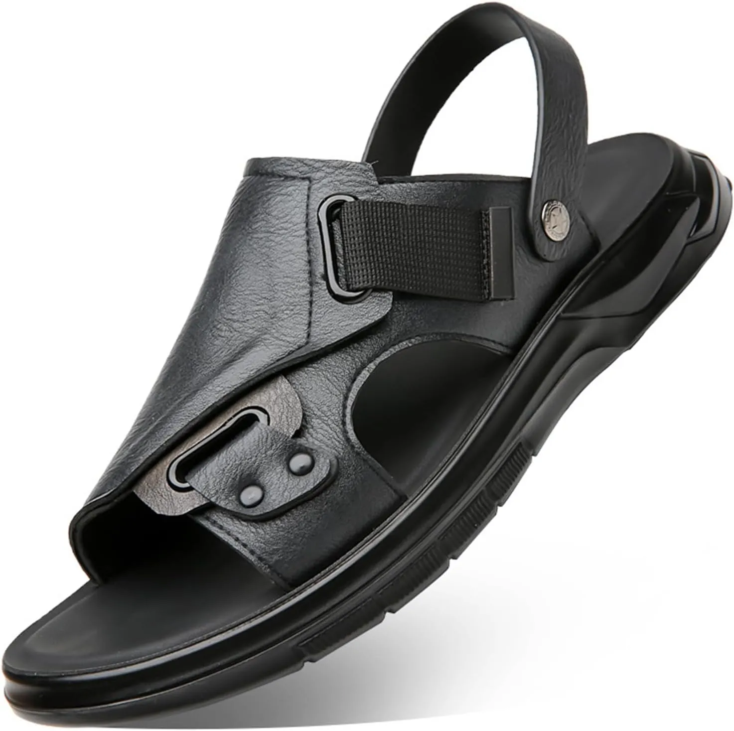 Men'S Pu Leather Flat Sandals With Adjustable Dual-Use Ankle Straps Comfortable Breathable Open-Toe Slip-On Sandals, Soft Casual Sliding Slippers