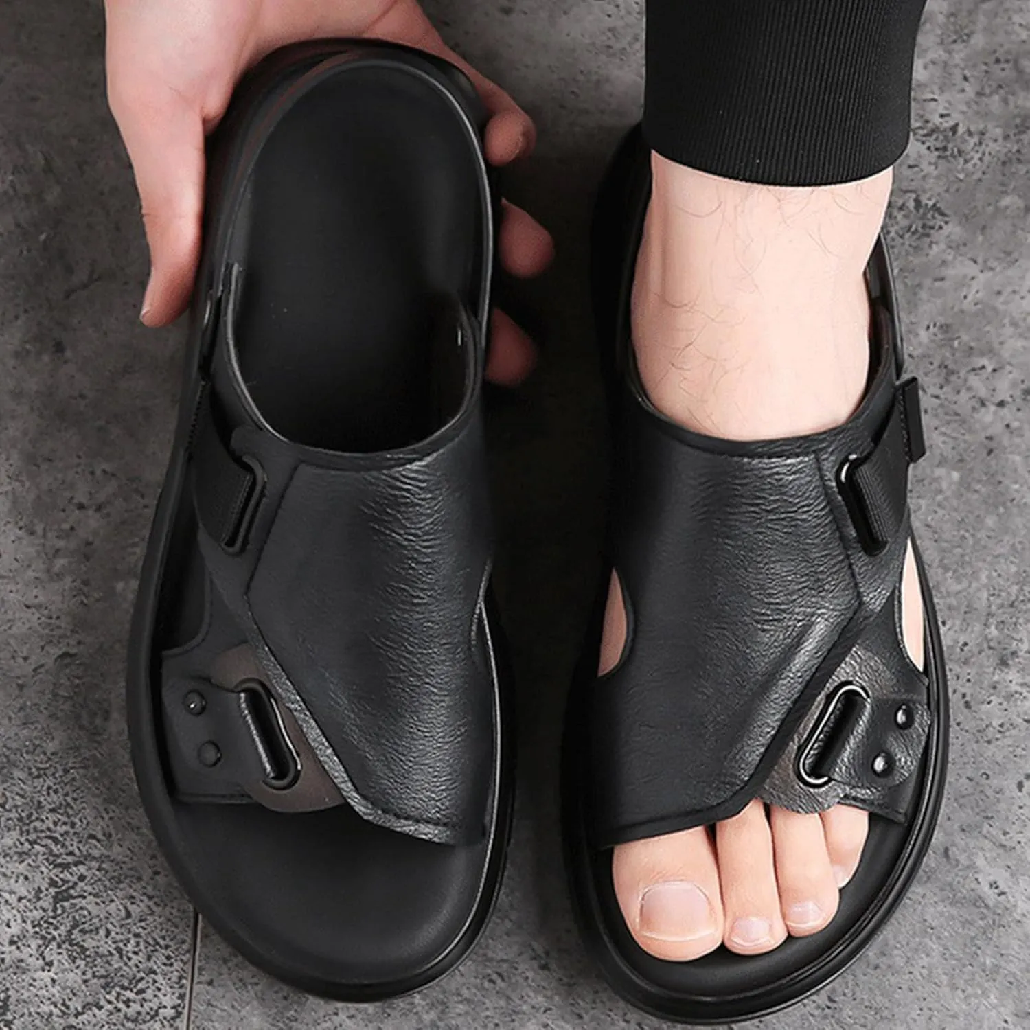 Men'S Pu Leather Flat Sandals With Adjustable Dual-Use Ankle Straps Comfortable Breathable Open-Toe Slip-On Sandals, Soft Casual Sliding Slippers