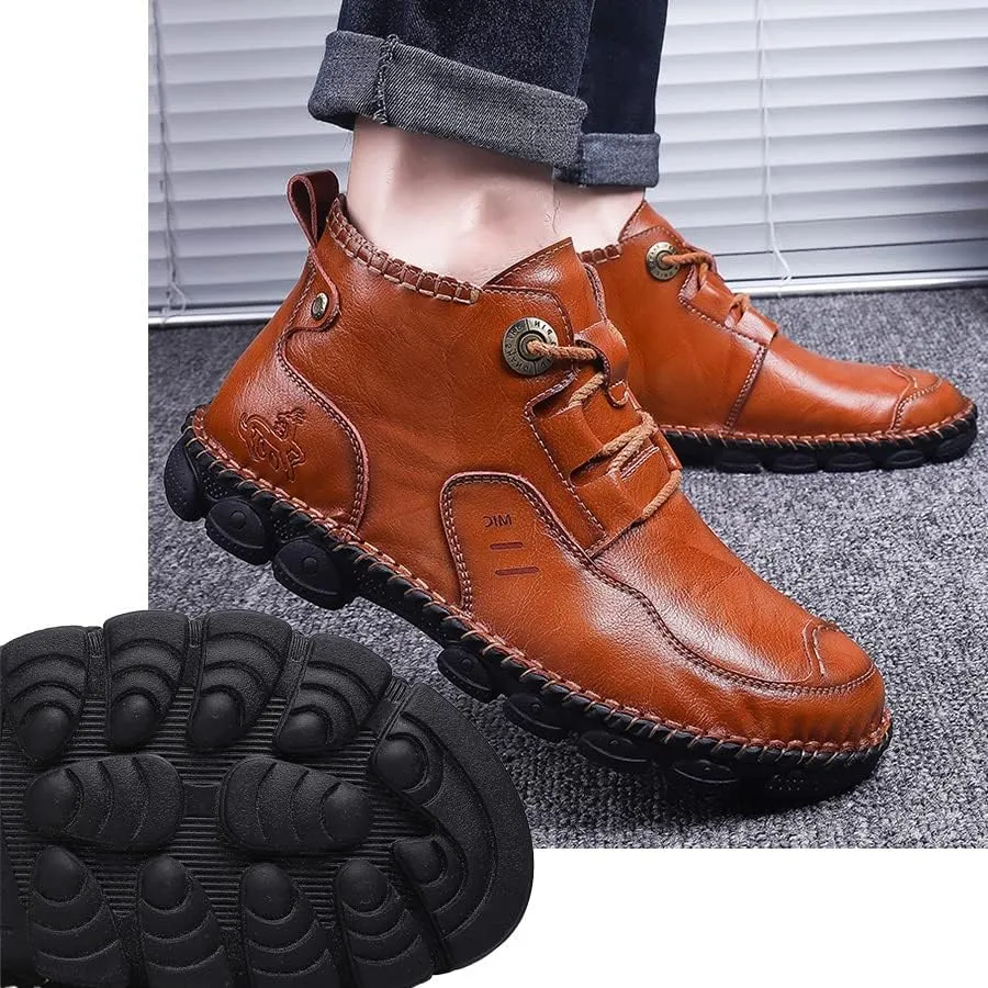 Mens Soft Leather Lace-Up Loafers Mid Top Vintage Hand Stitching Ankle Chukka Boots Outdoor Non-Slip Work Trekking Shoes