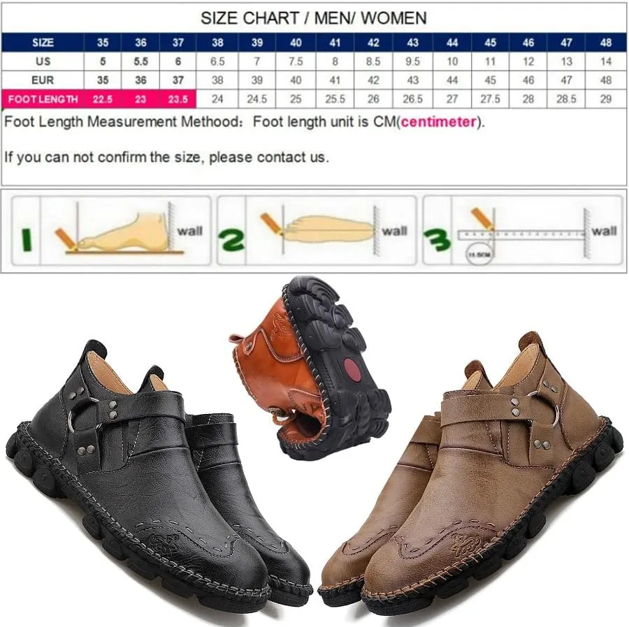Mens Soft Leather Lace-Up Loafers Mid Top Vintage Hand Stitching Ankle Chukka Boots Outdoor Non-Slip Work Trekking Shoes