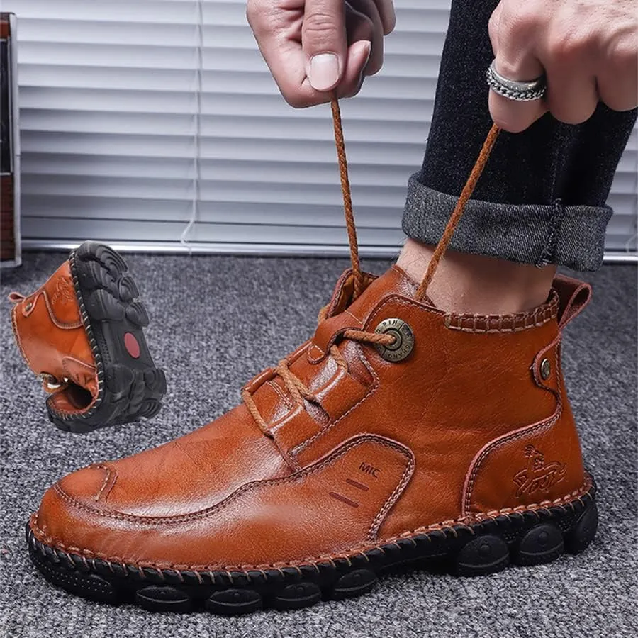Mens Soft Leather Lace-Up Loafers Mid Top Vintage Hand Stitching Ankle Chukka Boots Outdoor Non-Slip Work Trekking Shoes