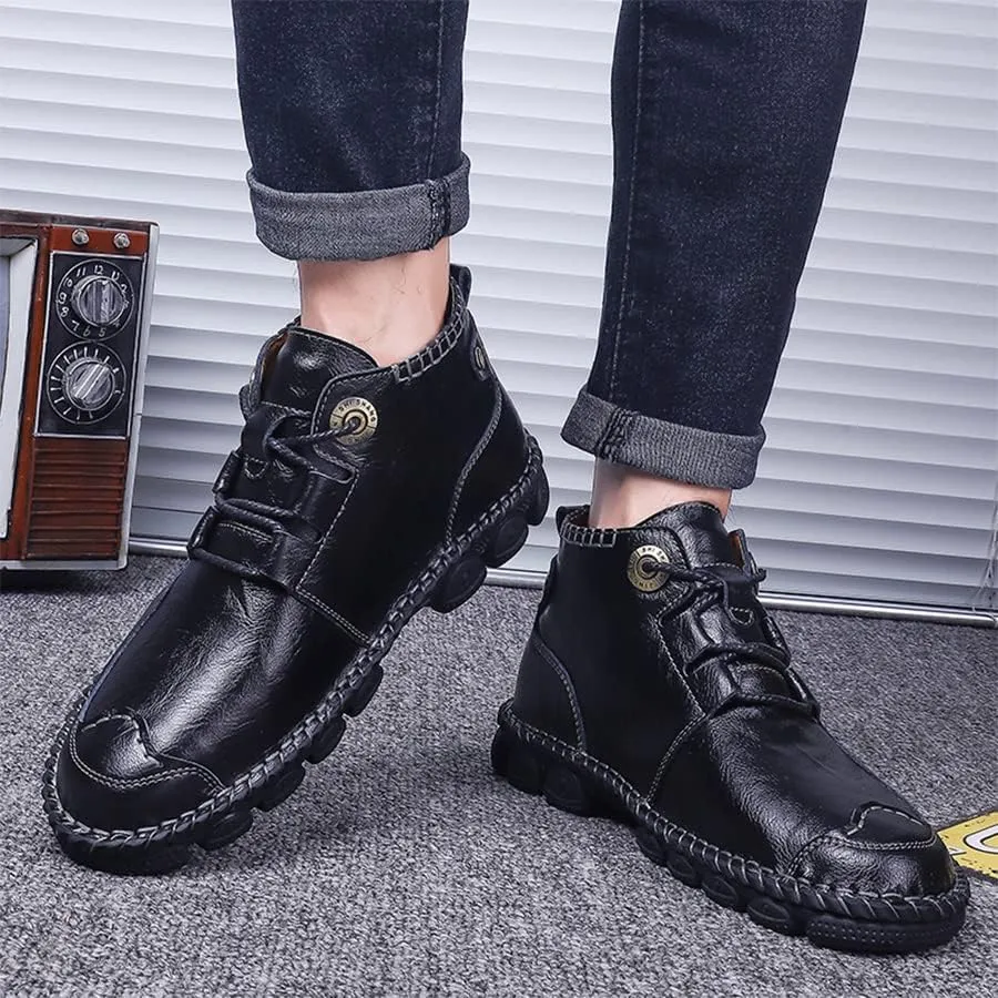 Mens Soft Leather Lace-Up Loafers Mid Top Vintage Hand Stitching Ankle Chukka Boots Outdoor Non-Slip Work Trekking Shoes