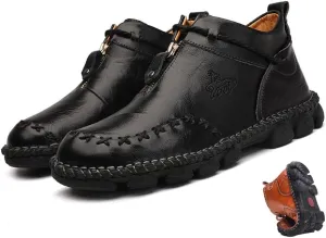 Mens Soft Leather Lace-Up Loafers Mid Top Vintage Hand Stitching Ankle Chukka Boots Outdoor Non-Slip Work Trekking Shoes