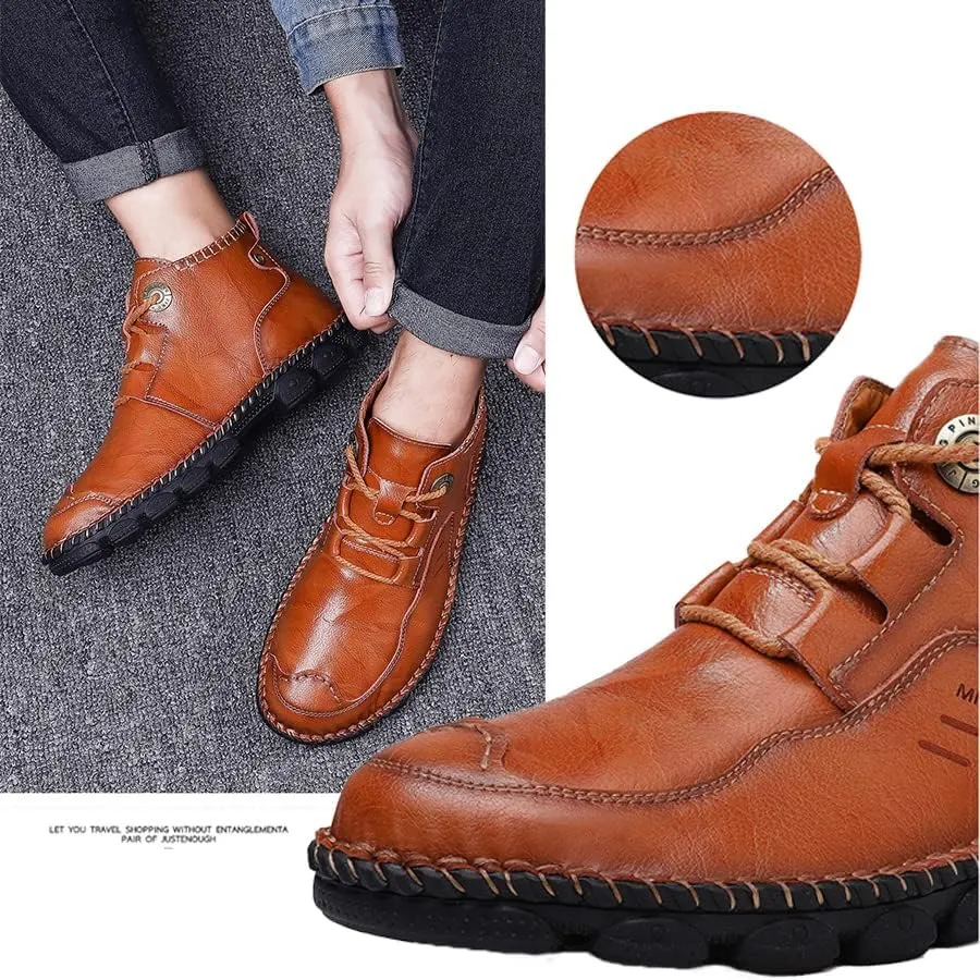 Mens Soft Leather Lace-Up Loafers Mid Top Vintage Hand Stitching Ankle Chukka Boots Outdoor Non-Slip Work Trekking Shoes