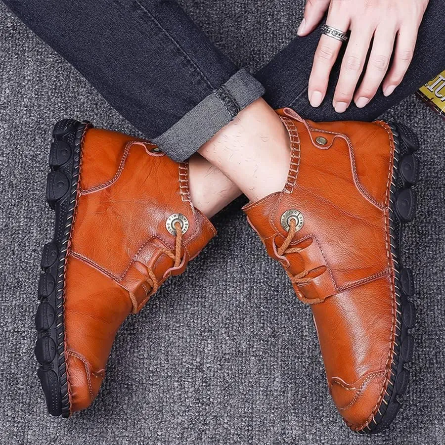 Mens Soft Leather Lace-Up Loafers Mid Top Vintage Hand Stitching Ankle Chukka Boots Outdoor Non-Slip Work Trekking Shoes