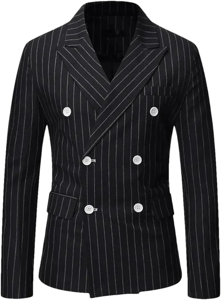 Men’S Striped Single Breasted Blazer Jacket with Lapel Collar Regular Length Long Sleeve for Business
