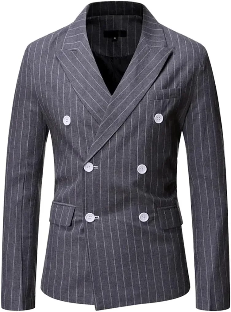 Men’S Striped Single Breasted Blazer Jacket with Lapel Collar Regular Length Long Sleeve for Business