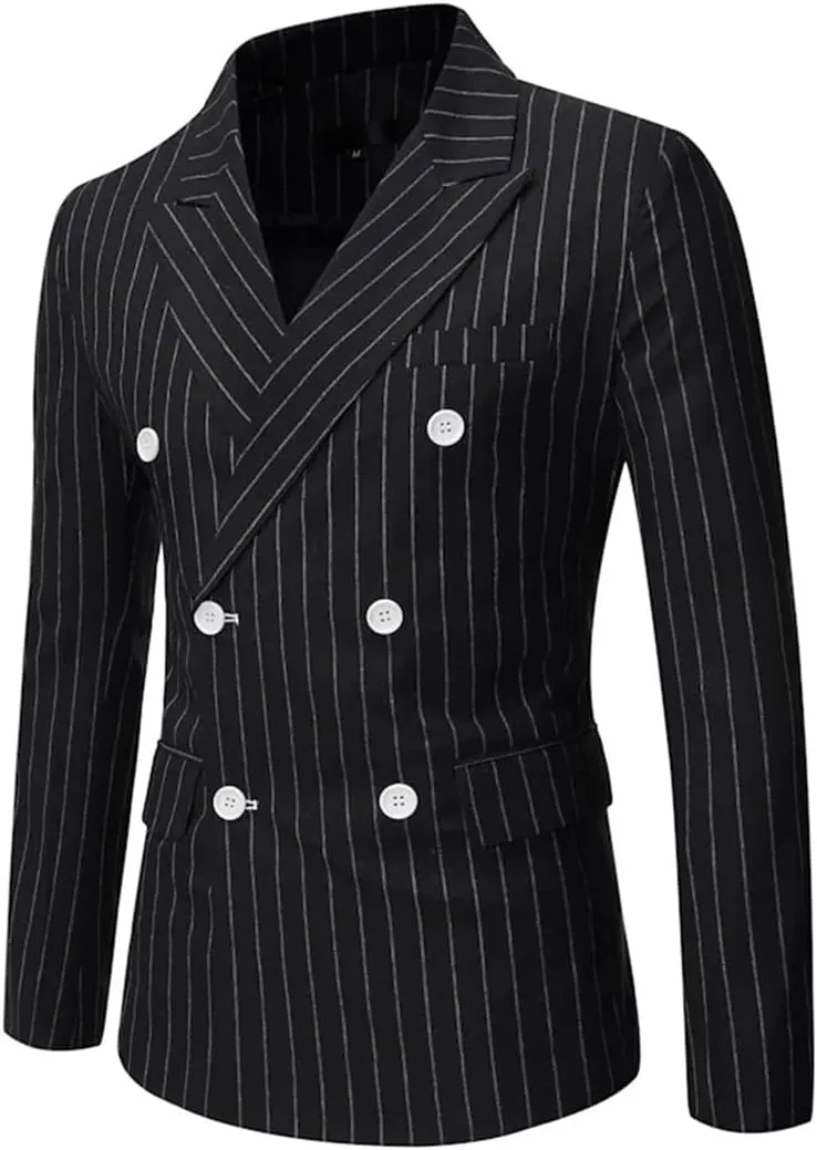Men’S Striped Single Breasted Blazer Jacket with Lapel Collar Regular Length Long Sleeve for Business