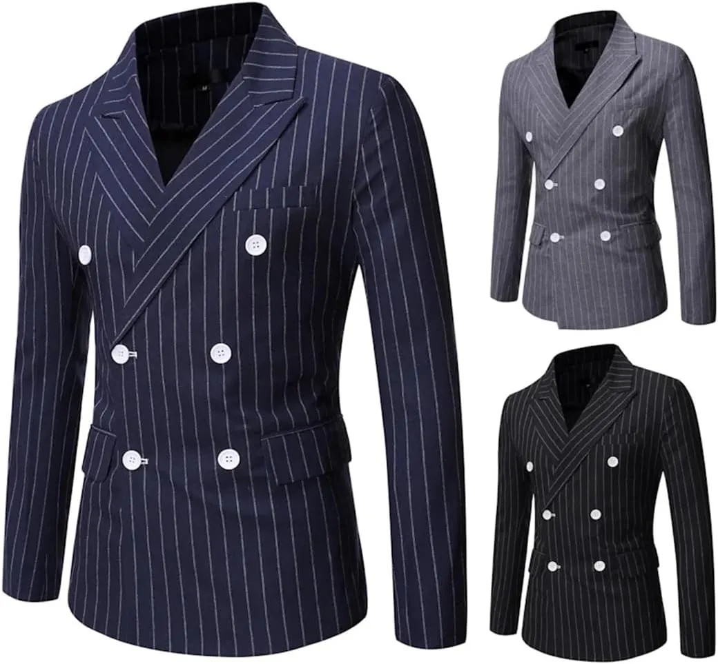Men’S Striped Single Breasted Blazer Jacket with Lapel Collar Regular Length Long Sleeve for Business