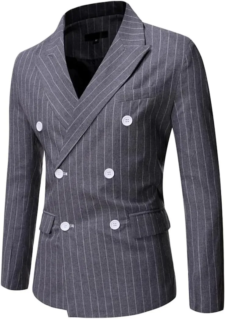 Men’S Striped Single Breasted Blazer Jacket with Lapel Collar Regular Length Long Sleeve for Business