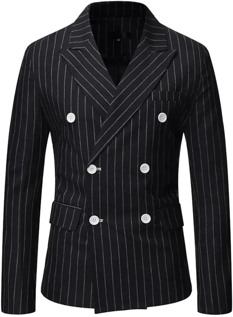 Men’S Striped Single Breasted Blazer Jacket with Lapel Collar Regular Length Long Sleeve for Business