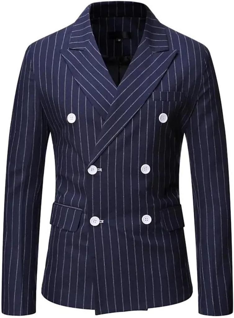 Men’S Striped Single Breasted Blazer Jacket with Lapel Collar Regular Length Long Sleeve for Business
