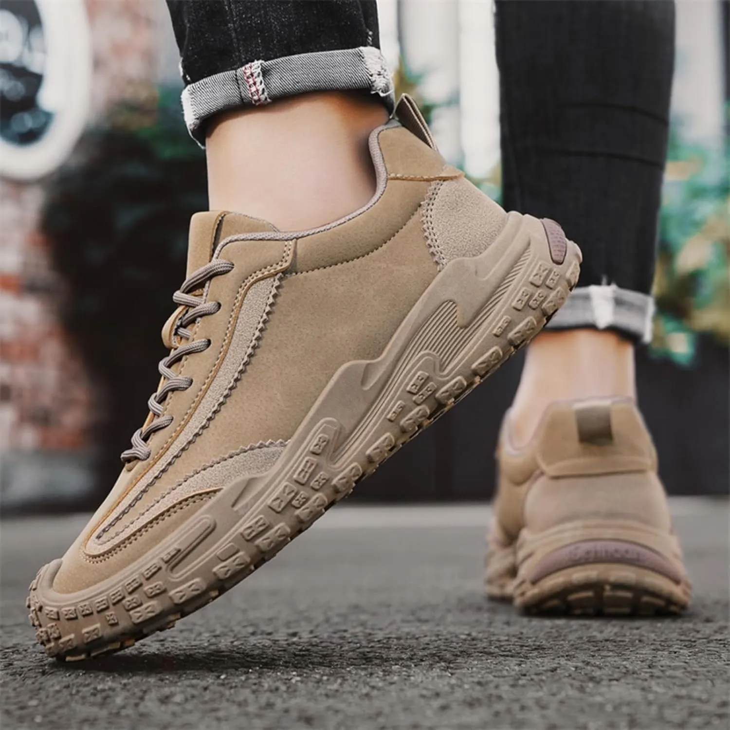Men's Suede Leather Lace-Up Sneakers Anti-Slip Cushioned Walking Casual Shoes with Heel Pull Tab Outdoor Urban Hiking Sports Footwear for Men