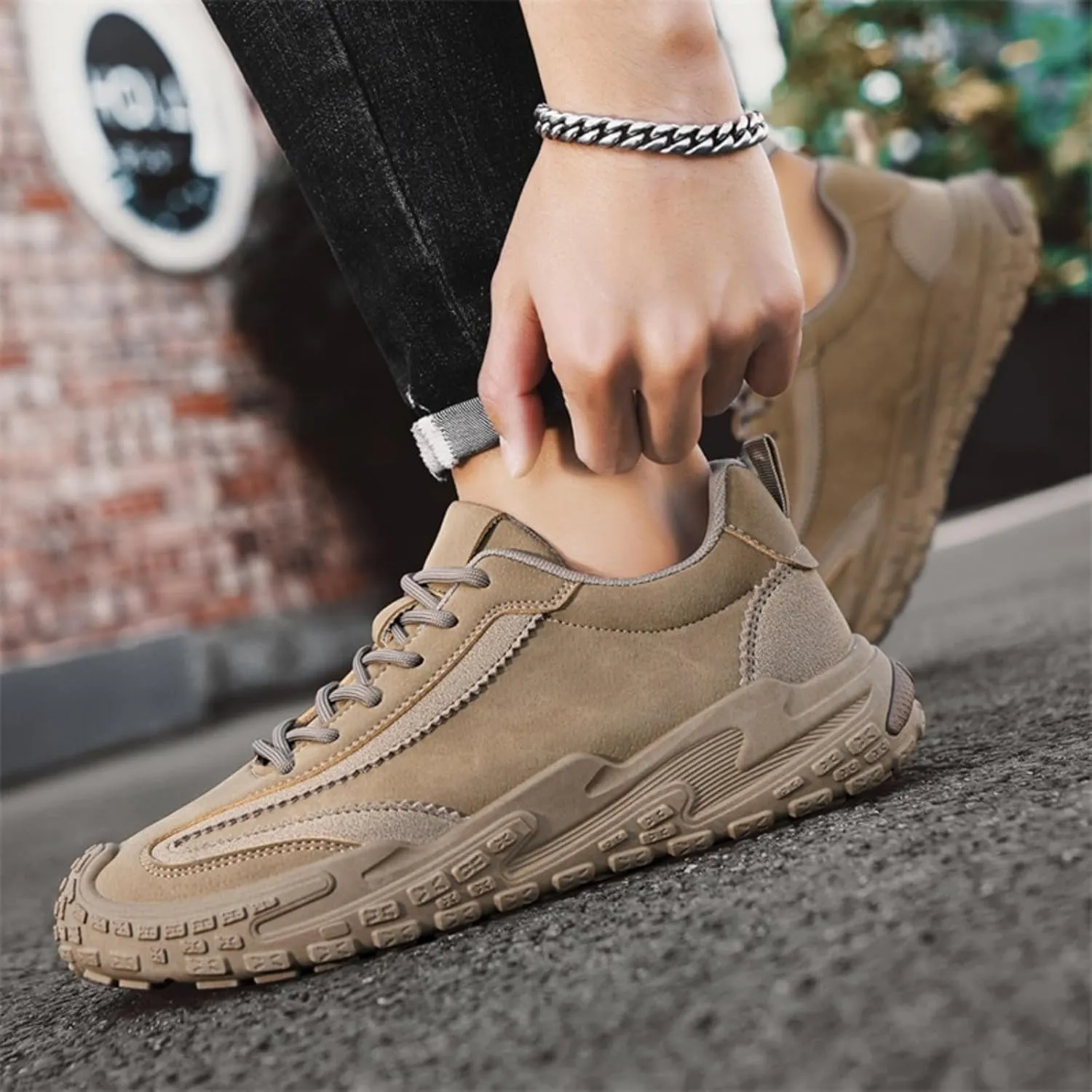 Men's Suede Leather Lace-Up Sneakers Anti-Slip Cushioned Walking Casual Shoes with Heel Pull Tab Outdoor Urban Hiking Sports Footwear for Men
