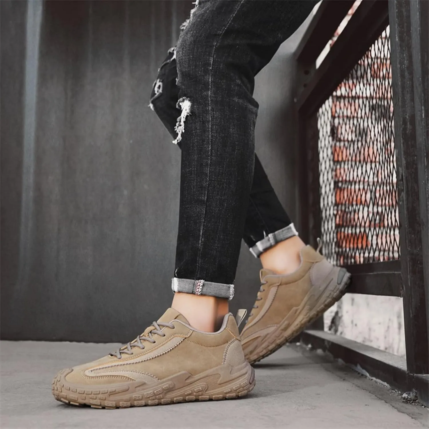 Men's Suede Leather Lace-Up Sneakers Anti-Slip Cushioned Walking Casual Shoes with Heel Pull Tab Outdoor Urban Hiking Sports Footwear for Men