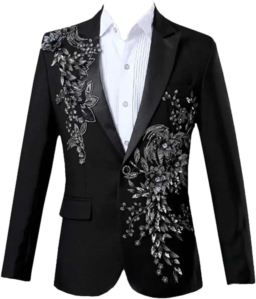 Men’S Vintage Polyester Single Breasted Blazer with Appliqued Design Regular Length Long Sleeve Wedding Stage Wear