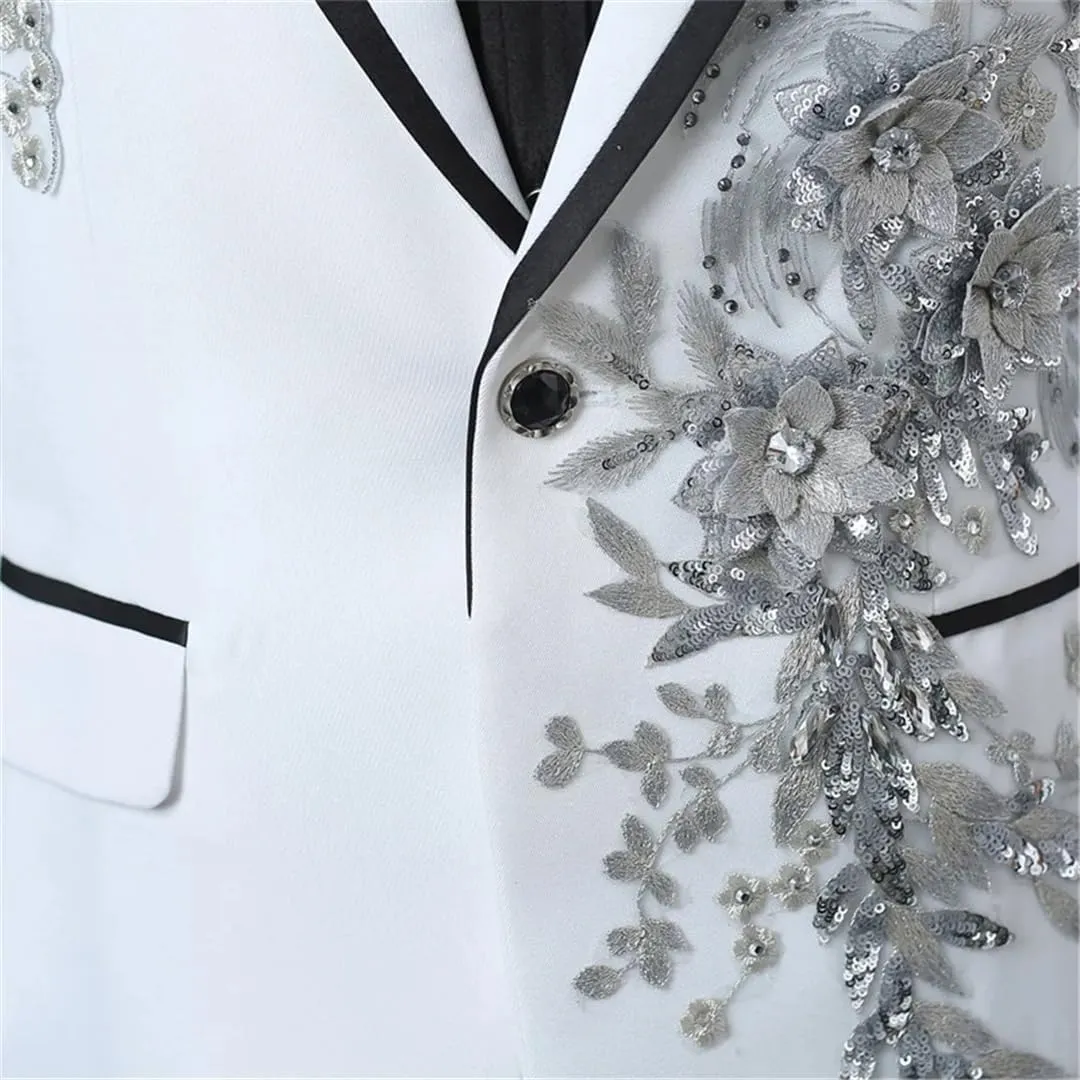 Men’S Vintage Polyester Single Breasted Blazer with Appliqued Design Regular Length Long Sleeve Wedding Stage Wear