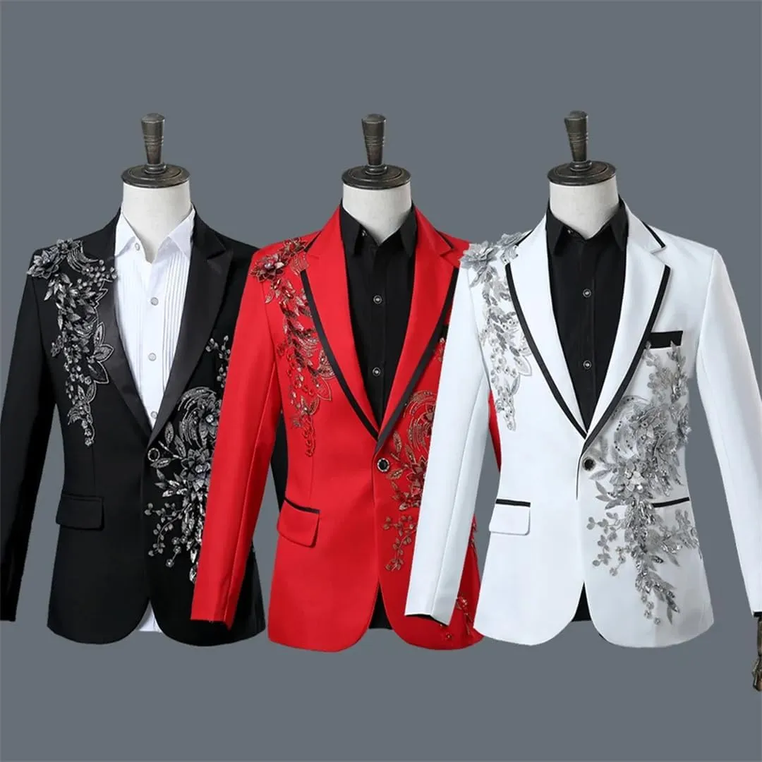 Men’S Vintage Polyester Single Breasted Blazer with Appliqued Design Regular Length Long Sleeve Wedding Stage Wear